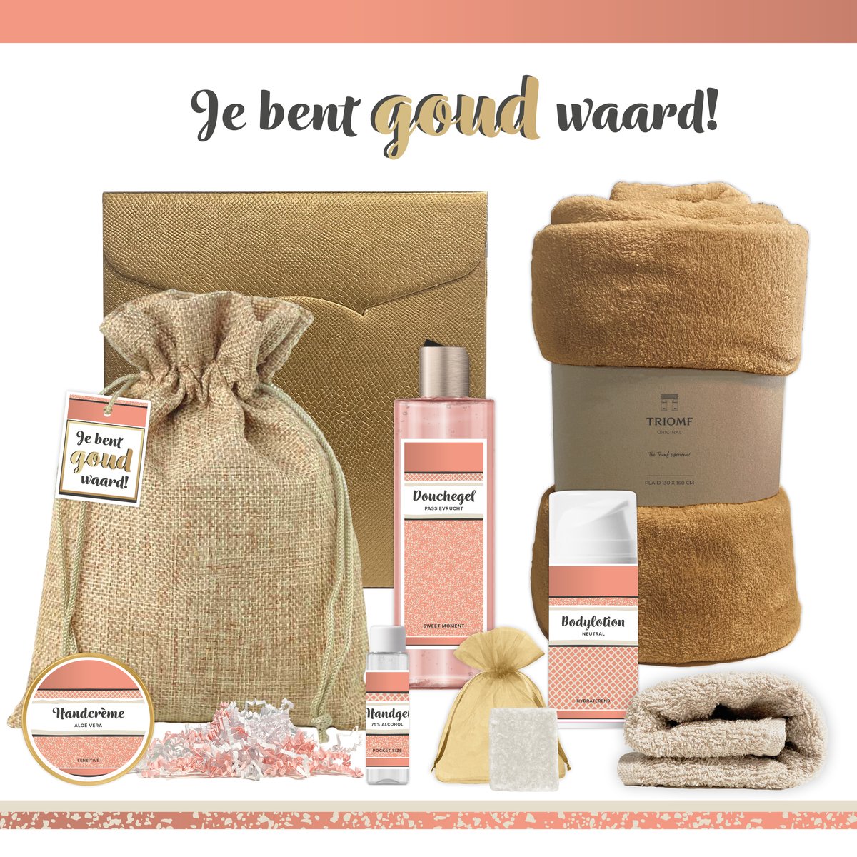 Goedkoopste Geschenkset “Je bent goud waard!” - 8 producten - 1070 gram | Luxe Cadeaubox voor haar - Wellness Pakket Vrouw - Giftset Vriendin - Moeder - Cadeaupakket Collega - Cadeau Zus - Verjaardag Oma - Moederdag - Kerstpakket - Kerst Cadeau - Goud - Zalmroze