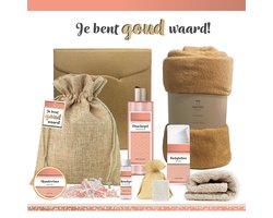 Geschenkset “Je bent goud waard!” - 8 producten - 1070 gram | Luxe Cadeaubox voor haar - Wellness Pakket Vrouw - Giftset Vriendin - Moeder - Cadeaupakket Collega - Cadeau Zus - Verjaardag Oma - Moederdag - Kerstpakket - Kerst Cadeau - Goud - Zalmroze