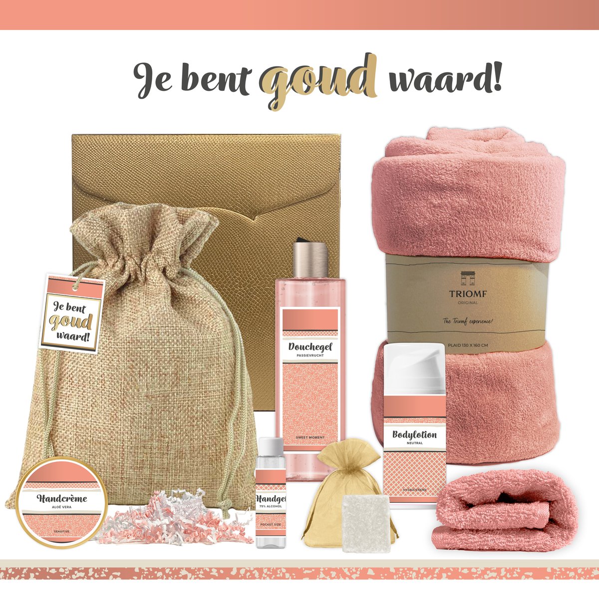 Goedkoopste Geschenkset “Je bent goud waard!” - 8 producten - 1090 gram | Luxe Cadeaubox voor haar - Wellness Pakket Vrouw - Giftset deluxe - Cadeaupakket - Cadeau Verjaardag - Gift Moederdag - Kerst Cadeau - Vriendin - Kerstpakket - Moeder - Collega - Goud Roze