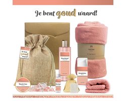 Geschenkset “Je bent goud waard!” - 8 producten - 1090 gram | Luxe Cadeaubox voor haar - Wellness Pakket Vrouw - Giftset deluxe - Cadeaupakket - Cadeau Verjaardag - Gift Moederdag - Kerst Cadeau - Vriendin - Kerstpakket - Moeder - Collega - Goud Roze