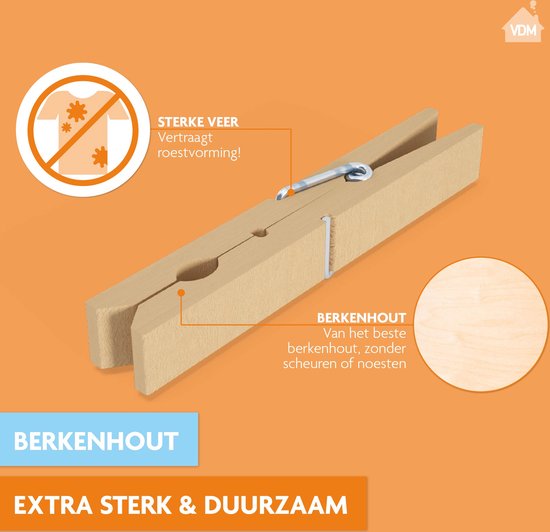 Close-up van een houten wasknijper gemaakt van berkenhout met een sterke veer.