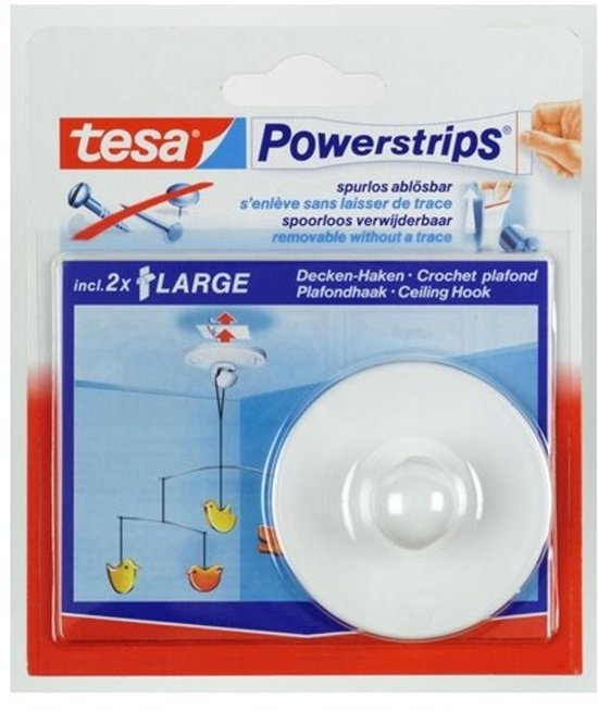 Verpakking van Tesa Powerstrips plafondhaak, met afbeeldingen van het product en toepassingen.
