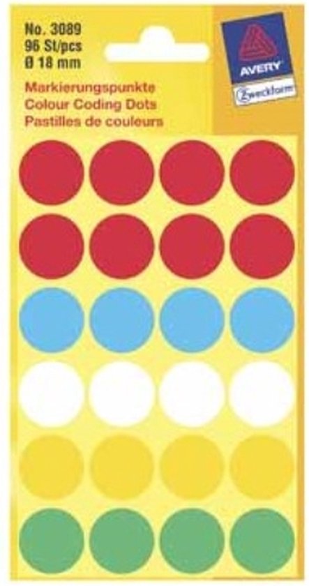 Verpakking met 96 rode, blauwe, witte, gele en groene ronde etiketten.