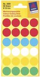 Verpakking met 96 rode, blauwe, witte, gele en groene ronde etiketten.