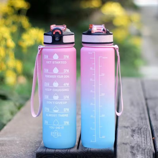 Foto: Motivaqua waterfles met tijdmarkeringen 1 liter motiverende drinkfles bpa vrij en lekvrij drinkfles met rietje voor volwassenen kinderen sportfles handige maataanduiding ideaal voor fitness werk en school cadeau voor haar roze blauw