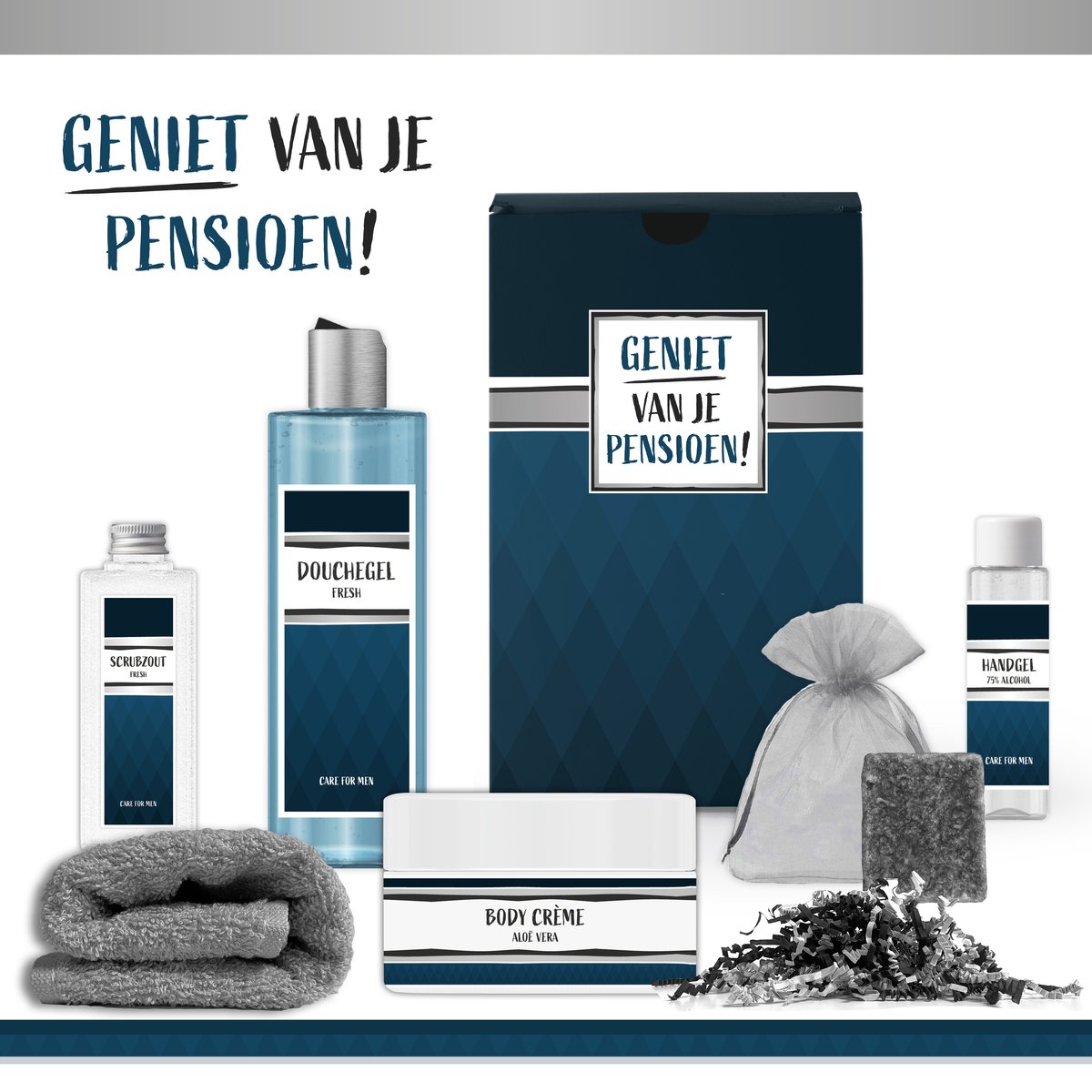 Goedkoopste Geschenkset Geniet van je pensioen! - 6 Producten - 735 Gram | Giftset voor hem - Wellness Cadeau Man - Luxe cadeaubox - Bedankt voor je inzet - Gestopt met werken - Douchegel - Bodycrème - Scrubzout - Handgel - Gift Set - Vriend - Collega - Blauw