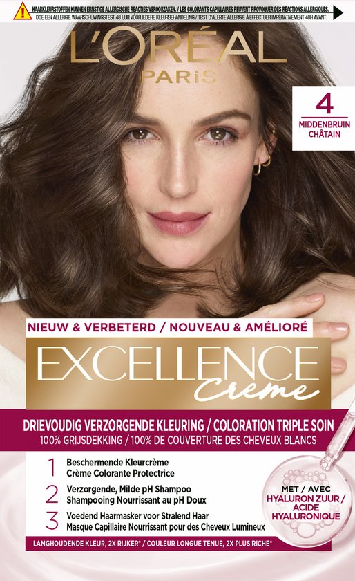 L'Oréal Paris Excellence Crème haarkleuring in middenbruin 4, met op de verpakking een vrouw met glanzend bruin haar.