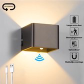 Led-wandlamp, 5 W, voor binnen, met bewegingsmelder, batterij oplaadbaar, met schakelaar, traplicht, USB oplaadbaar, koudwit, draadloos, voor slaapkamer en gang, magnetisch, omhoog en omlaag gericht licht, zwart
