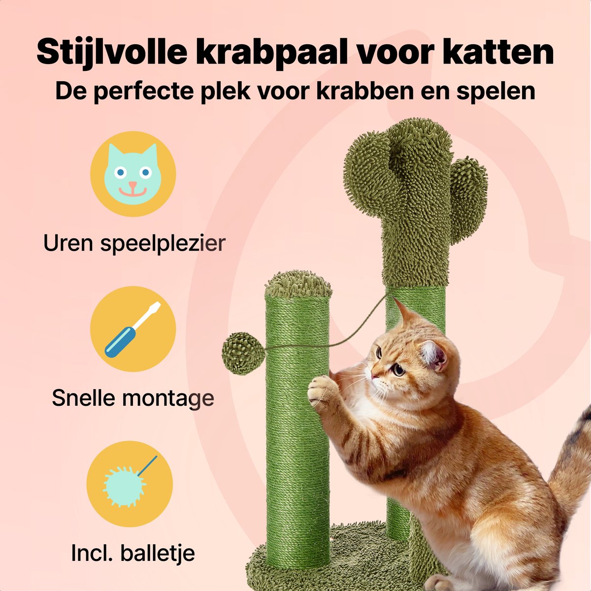 Jake and Jacky Krabpaal voor Katten Cactus Groen - Krabmeubel - met Kattenspeeltje - H 70, 48 en 22 cm – foto 2