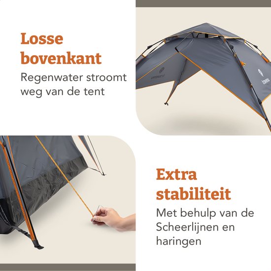 Automatische tent met oranje accenten, toont de losse, schuin aflopende bovenkant voor regenafvoer en extra stabiliteit met scheerlijnen.