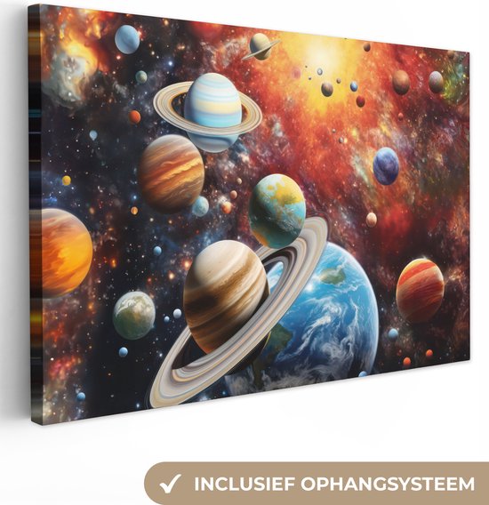 Foto: Canvas schilderij 150x100 cm wanddecoratie planeten heelal neon ruimte muurdecoratie game room gaming kamer decoratie gameroom accessoires schilderijen