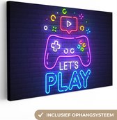 Peinture sur toile 90x60 cm - Décoration murale Gaming - Néon - Let's Play - Manette - Citations - Décoration murale salle de jeux - Décoration salle de Gaming - Accessoires Gameroom - Peintures