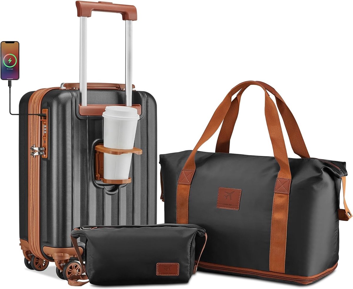 Premium compleet set koffer handbagage , zwart-bruin handbagagekoffer, blauw/bruin., uitbreidbare handbagage 45cm, trolley met harde schaal met zwenkwielen