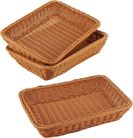 3 Paniers En Osier Artificiel 35x25x7 Cm - Corbeille à Pain, Rangement Table - Style Rétro - Marron