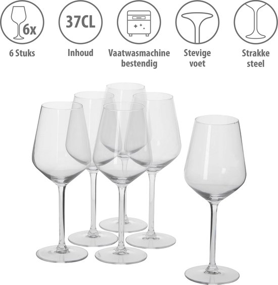 Set de 6 verres avec pictogrammes pour la contenance (37CL), lavable au lave-vaisselle et pied stable.