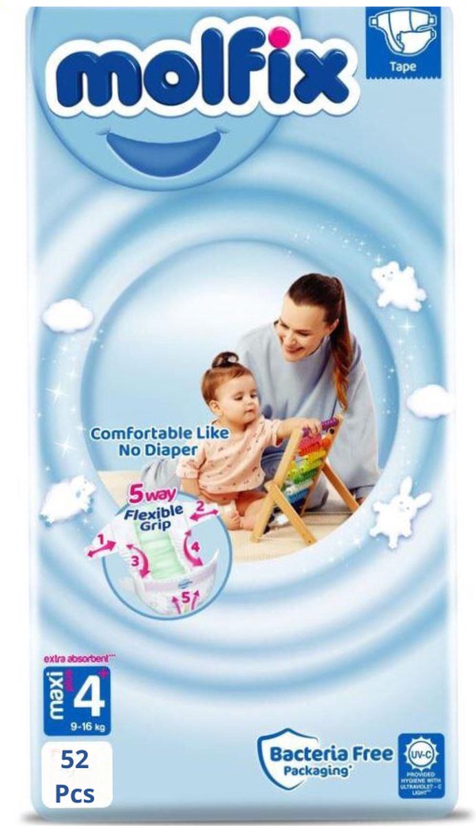 Goedkoopste Molfix Premium Luiers Maat 4 Maxi PLUS Extra Absorberend (9-16 KG) Voordeel verpakking Maandbox - 52 luiers - Ultra Absorberend, Huidvriendelijk, Perfecte Pasvorm