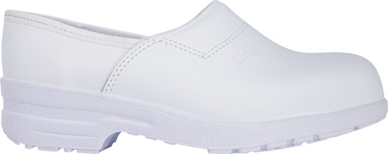 Witte Skolys werkklomp met een lage hak, verstevigde neus en schuine stiksels.