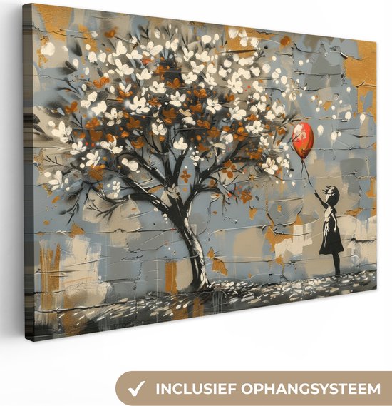 Foto: Canvas schilderij 120x80 cm wanddecoratie boom graffiti banksy style balloon girl muurdecoratie woonkamer slaapkamer decoratie kamer accessoires schilderijen