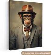 Peinture sur toile Vintage - Singe - Chapeau - Costume - Grijs - Animaux - Chimpanzé - 30x40 cm - Décoration murale