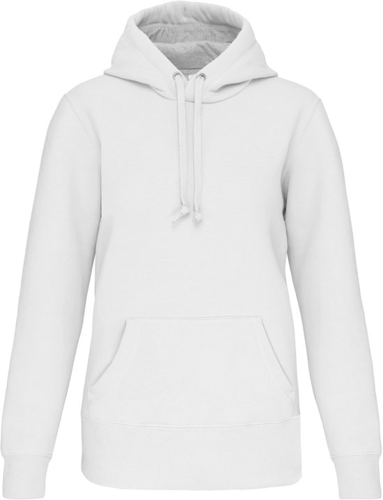 Avant d'un sweat à capuche blanc à manches longues, avec capuche, cordon de serrage et poche kangourou.