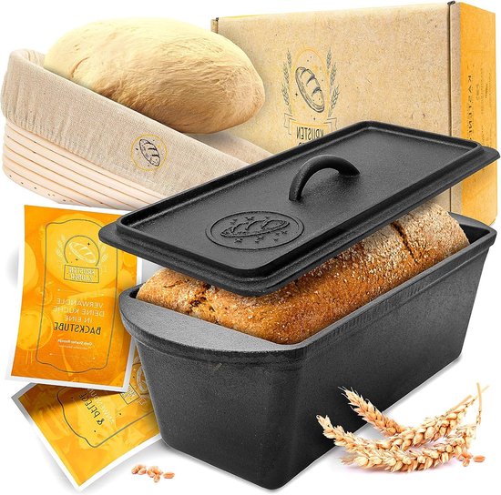 KRUSTENZAUBER Broodbakvorm van Emaille Met Deksel, Incl. Fermentatiemand - Robuuste 28 cm Gietijzeren Bakvorm, Ideaal voor Brood - Gietijzeren Pan, Broodpot en Bakaccessoires