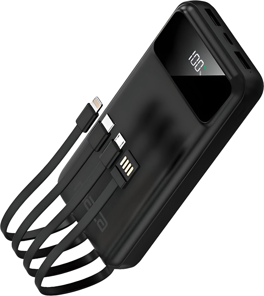Maca Powerbank 10000 mAh - Ingebouwde Kabels - 22,5W snellader - USB A, USB C, Micro - Met Led Display - Zwart - Universele oplader - Iphone - Samsung - Apple - Noodpakket - Maca - €14,99