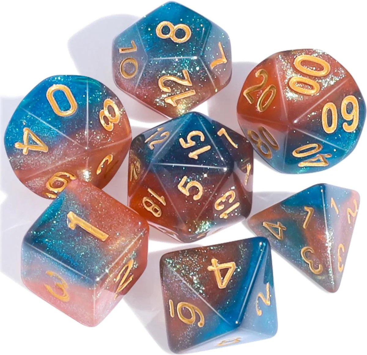 Nereb D&D Dice Set DnD Dobbelstenen Set Oranje Blauw Sterren Dungeons and Dragons Dobbelstenen Inclusief Bewaarzakje
