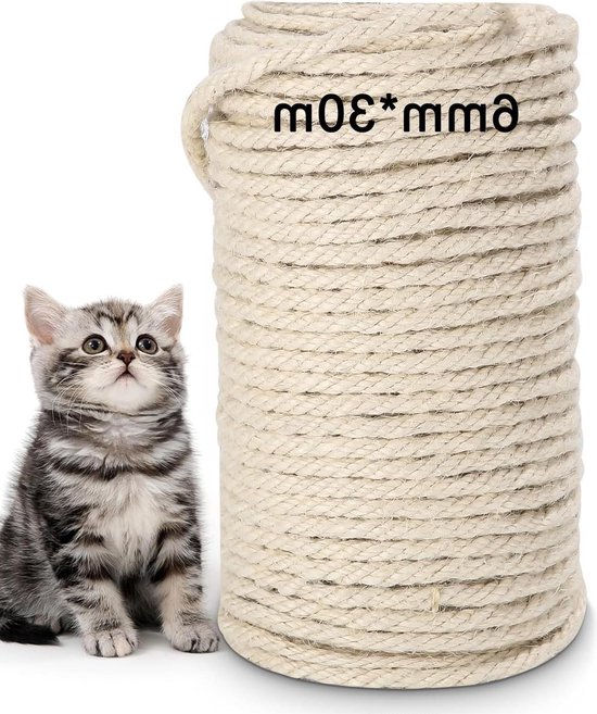 Touw van natuurlijk sisal, 8mm x 60m, natuurlijk wit, Vervanging oude kat touw met een paar beschermende handschoenen voor kat krabbers kat boom bloempot tuintafel