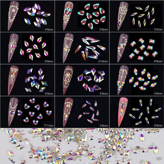 Gedecoreerde nepnagels met ab-strass steentjes in verschillende maten en vormen, met losse steentjes.