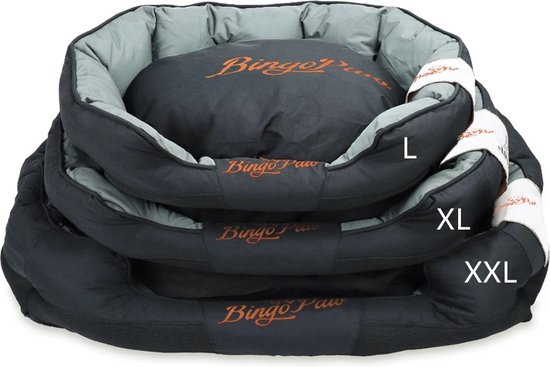 Pile de 3 paniers pour chien dans les tailles L, XL, XXL. Noir avec intérieur gris et logo orange 'BingoPaw'.