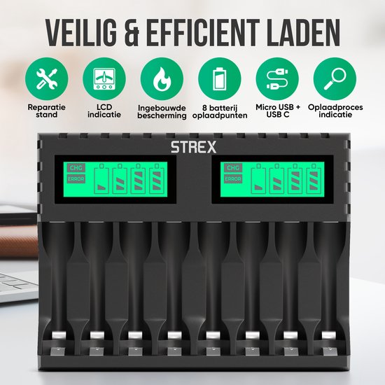 Zwarte batterijlader van Strex met LCD display, geschikt voor 8 AA/AAA batterijen.