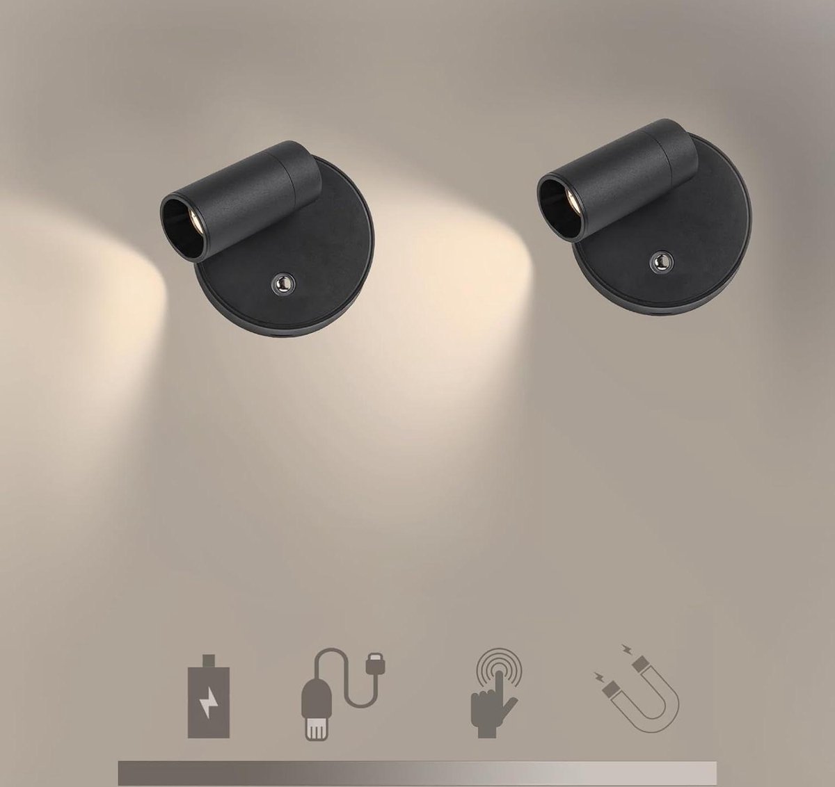 Wandlamp Oplaadbaar - Oplaadbaar Wandlamp- Dimbaar Batterijgevoede Wandlamp- 360°Rotatie Draadloze Draagbaar Bed Leeslampje Voor Woonkamer Slaapkamer Hal (Zwart) Wandlamp Oplaadbaar