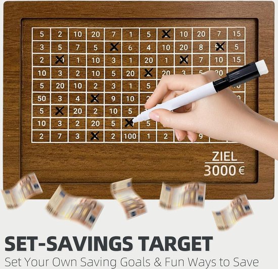 Tirelire Avec Compteur Pour 1000 € - Tirelire En Bois Rétro - Boîte De Rangement Réutilisable Avec Objectif Et Chiffres à Cocher - Pour Adultes Et Enfants - E