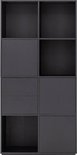 Armoire noire avec 4 compartiments ouverts, 2 tiroirs et 2 portes.