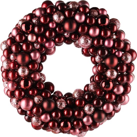 Décoratif | Couronne avec boules de Noël, bordeaux, PVC, 25x25x6cm | A245281