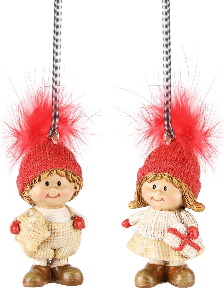 Dekoratief | Springveer m/winterkindje, beige/rood, resina, 4x3x7cm, set van 2 stuks | A245144