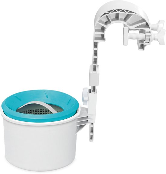 Witte en turquoise Intex zwembadskimmer met verstelbare grijze arm voor wandmontage.