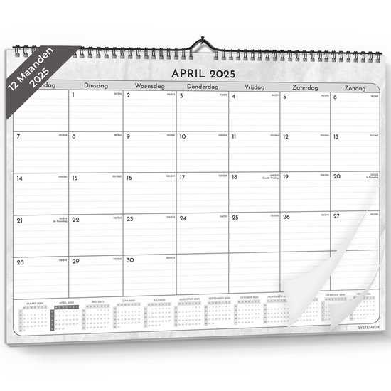 Systemyze Maandkalender 2025 Ophangbaar 12 Maanden - Kalender - Jaarkalender - Maandplanner - Wandkalender - Jan 2025 t/m Dec 2025 - 43 x 33cm