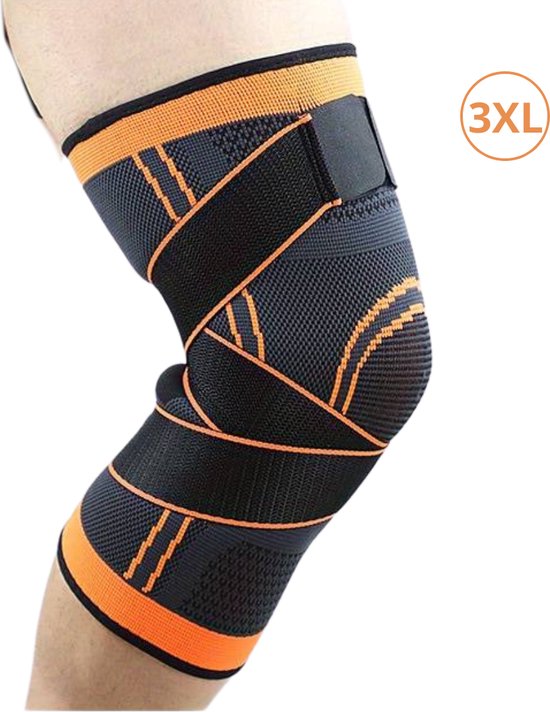 Zwarte kniebrace met oranje banden en een gebreid patroon, met aanduiding "3XL".