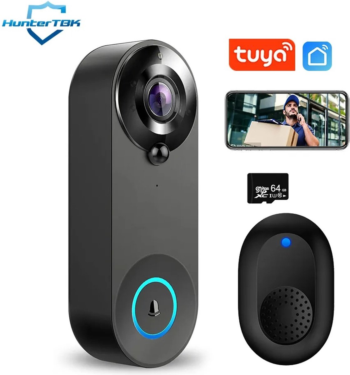 Blyx® - Slimme Deurbel - Deurbel met camera draadloos wifi - Draadloos op accu met 1080P - Inclusief Draadloze Gong (T-ring geluid) - 64GB SD-kaart (slimme deurbel) - Zwart - Blyx® - €89,00