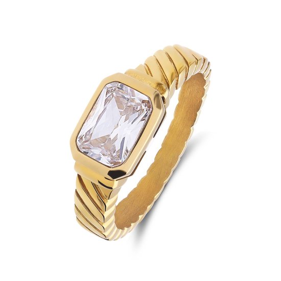Lucardi Dames Stalen goldplated vintage ring met wit zirkonia - Ring - Staal - Goudkleurig - 16 / 50 mm