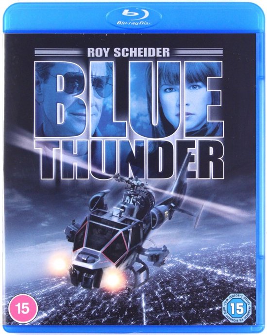 Voorzijde Blu-ray hoes van Blue Thunder met Roy Scheider en een blauwe helikopter die boven een stad vliegt.