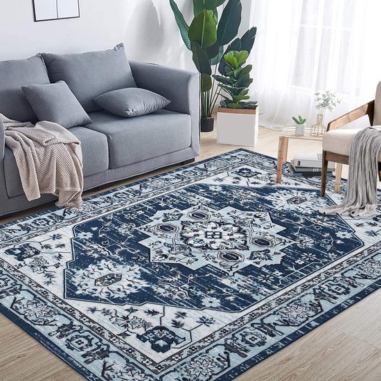 Vloerkleed antislip tapijt met modern bloemenpatroon - wasbaar oosters design - voor woonkamer slaapkamer eetkamer - gemiddelde stapelhoogte - wit-blauw - 120 x 170 cm vloerkleed