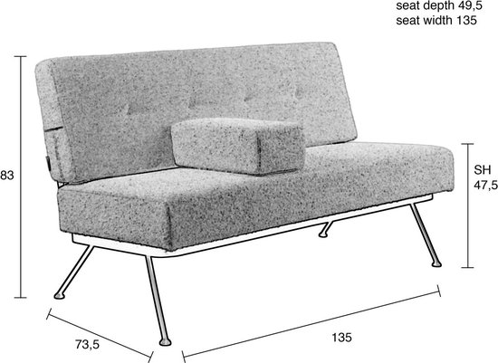 Technische tekening van een bank met afmetingen: zitdiepte 49,5 cm, zitbreedte 135 cm, hoogte 83 cm, zithoogte 47,5 cm.