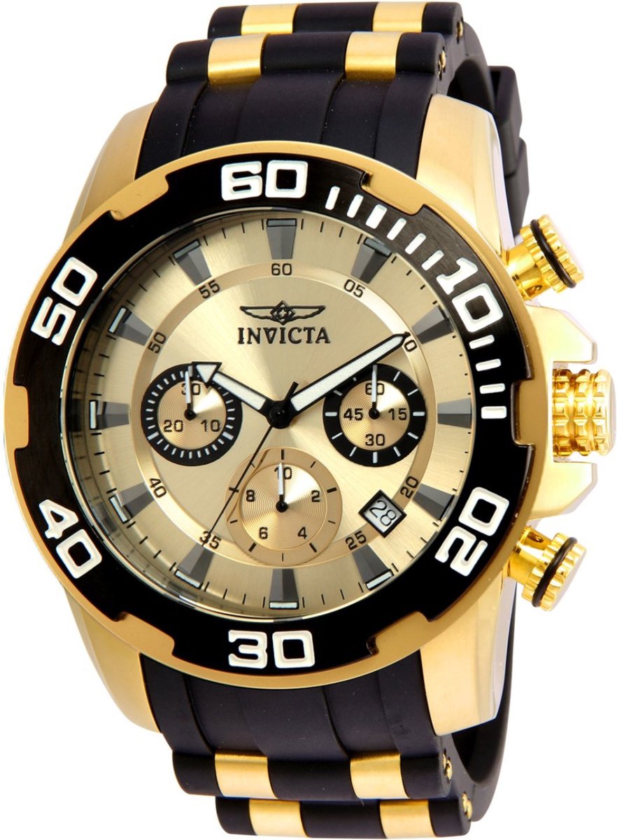 Invicta Pro Diver - SCUBA 22346 Heren Horloge - Waterdicht - Analoog - Quartz Uurwerk - Roestvrij Staal met gouden Wijzerplaat - 50mm