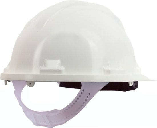 Witte veiligheidshelm met verstelbare kinband.