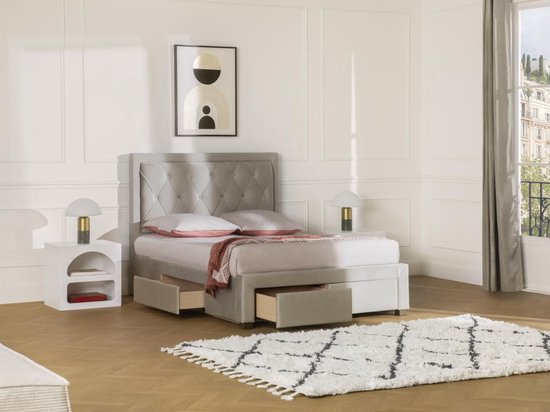 Bed met lades 160 x 200 cm - Champagnekleurig velours + matras - LEOPOLD L 216.5 cm x H 122.2 cm x D 165 cm
