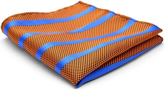 Pochette de costume en soie bleue et orange à rayures