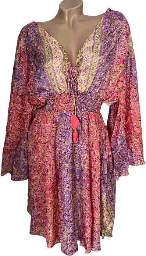 Robe Boho courte pour femmes 524 (poly) soie Onesize SL (36-40) rose/violet/jaune