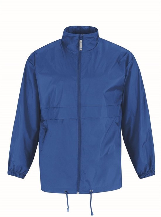 Veste coupe-vent bleue avec fermeture éclair, col haut et cordon de serrage en bas.